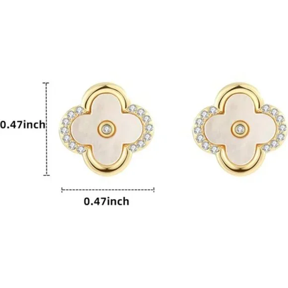 Women's Gold Plated 925 Silver Post Clover Shaped Dainty CZ Stud Earrings - Picture 2 of 5